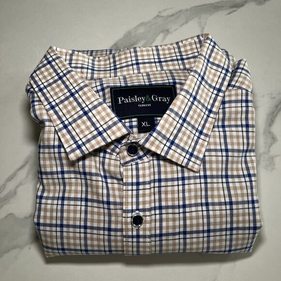 Paisley & Gray Shirt Mens XL Blue Beige Plaid 100% Cotton Slim Fit Button-Up NWT - Picture 12 of 12